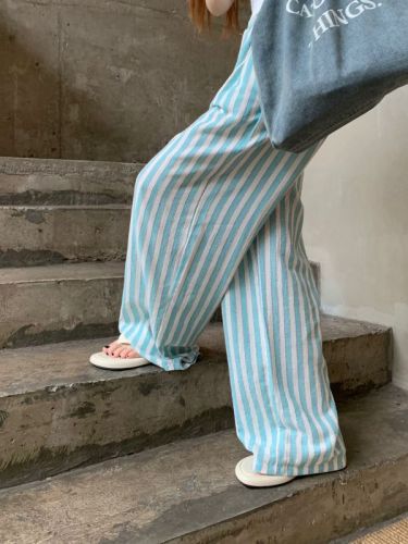 Real shot 2024~Relaxing cotton and linen lazy striped pants, fresh wide-leg loose high-waisted straight pants
