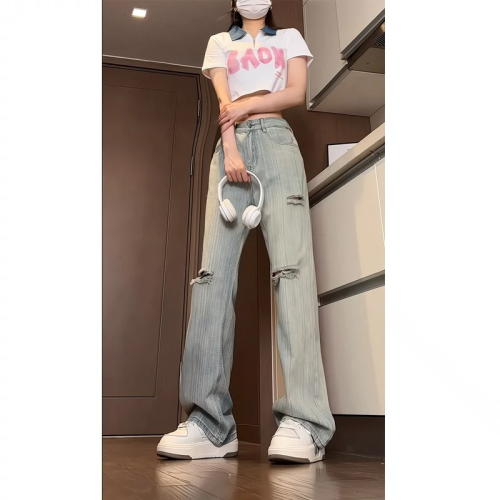 Bamboo pattern high-waisted jeans ootd tall lengthened summer pants American high street micro-flared straight pants