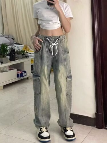 American Retro Distressed Drawstring Work Jeans for Men and Women Elastic Waist Loose Large Size Casual Straight Leg Wide Leg Pants Trendy