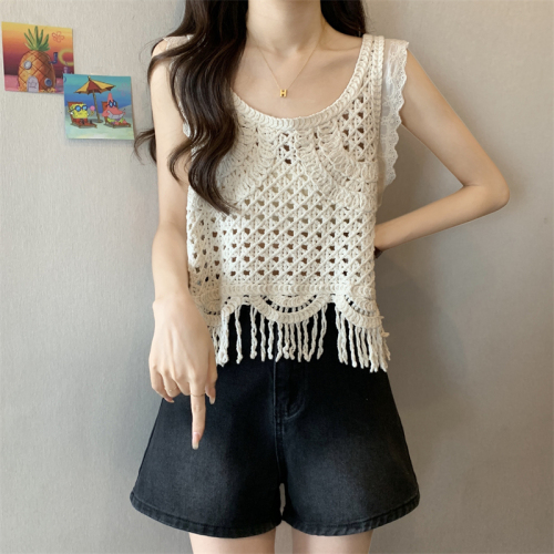 Actual shot of new niche design hollow tassel vest for women summer sleeveless vest hot girl top