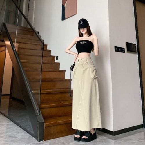 Retro American design high waist slit skirt women's summer niche slim fit versatile drawstring workwear mid-length skirt