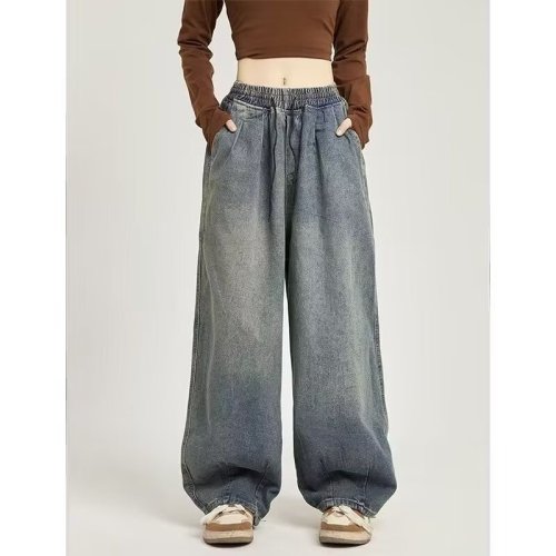 American retro loose wide-leg jeans for men and women, trendy washed gradient straight casual trousers