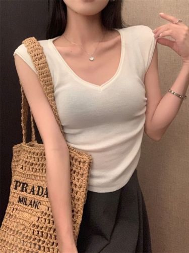 Real shot of Korean style v-neck waist pleated pure desire slim knitted sweater top