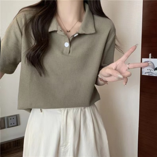 Actual shot of 2024 summer Korean style loose and versatile waffle POLO collar pullover short-sleeved T-shirt for women