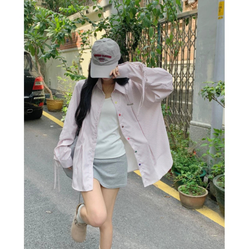 Striped long-sleeved shirt for women, chic design, colorful button-up shirt, spring and summer new loose sun protection top