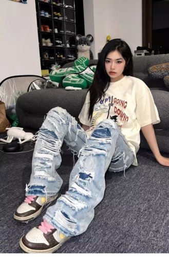 American washed pants high street retro ripped jeans summer straight loose high-end beggar pants