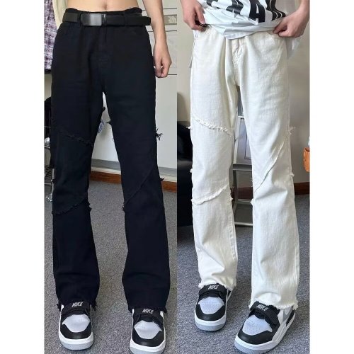 Spliced ​​jeans for women, spring and summer, wide-legged, loose straight pants, niche design, high-end American high street