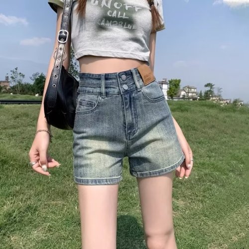 American retro high-waisted denim shorts for women summer 2024 new hot girl slimming wide-legged a-line hot pants