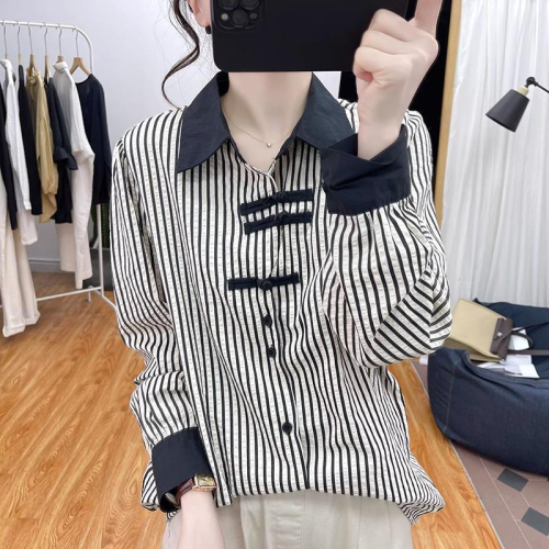 Striped splicing button-up shirt for women 2024 spring and summer new Chinese style long-sleeved contrasting color age-reducing design top