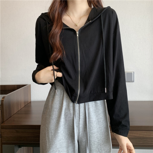 Real shot~New sun protection long-sleeved loose zipper cardigan hooded shirt for women + solid color suspender base