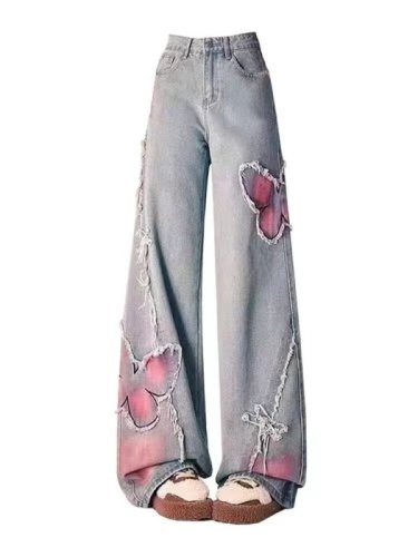 American Tie Dye Butterfly Embroidered Raw Edge Jeans Women's High Street Design Hot Girl Loose Straight Wide Leg Floor-Mopping Pants