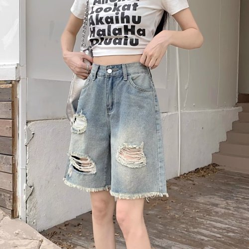 Washed distressed ripped denim shorts women's summer niche design American fashion brand mid-length pants