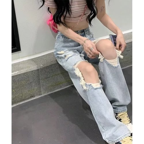 Personalized old washed holed retro blue jeans for women summer new high-waisted loose slimming wide-leg long pants