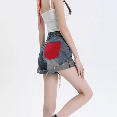 Denim shorts for women summer 2024 new style high-waisted A-line pear-shaped body slimming contrast color ripped wide-leg pants