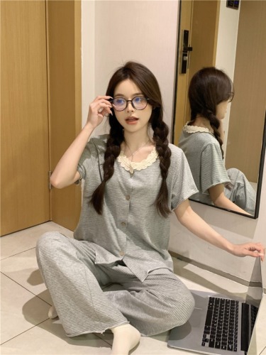 Real shot of Korean style simple striped summer short-sleeved long pants short-sleeved shorts loose casual home wear suit