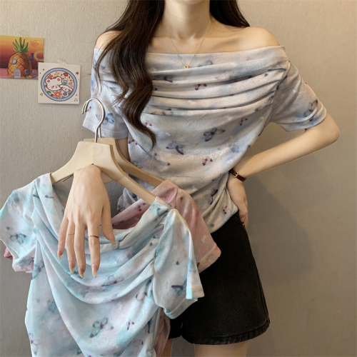 Actual shot of new summer clothes, Butterfly Smoke Powder One-shoulder Print Atmosphere Revealing Collarbone Short-Sleeved Pleated Top for Women