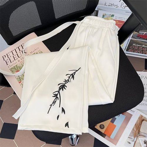 Summer national style versatile loose national style bamboo leaf embroidery trendy straight casual long pants thin style trendy