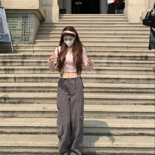 Retro hot girl straight overalls casual pants for girls summer 2024 new high waist pocket floor mopping pants trend