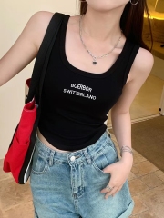 2024 Summer Double U Vest Women's Tops Summer Trendy Sexy Backless Slim Fit Inner Lettering T-shirt Bottoming Shirt