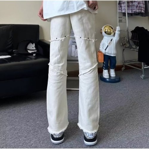 Spliced ​​jeans for women, spring and summer, wide-legged, loose straight pants, niche design, high-end American high street