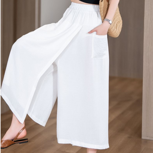 Summer thin, loose, high-waisted, slit, lazy-style casual skirt pants with thick hips and thighs, slimming eight-point wide-leg pants for women