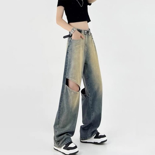 Ripped nostalgic color jeans for women 2024 summer new style high-waisted loose slimming straight-leg versatile floor-length wide-leg pants for women