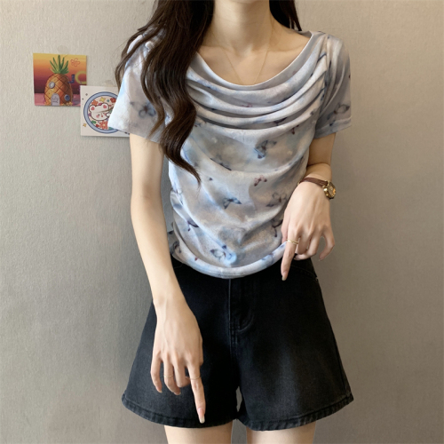 Actual shot of new summer clothes, Butterfly Smoke Powder One-shoulder Print Atmosphere Revealing Collarbone Short-Sleeved Pleated Top for Women