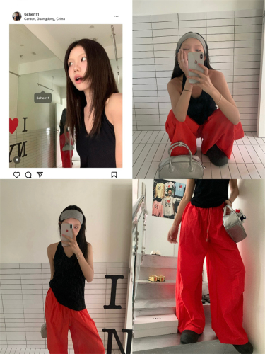 Actual shot: Simple black halterneck solid color vest + eye-catching red casual workwear sweatpants for women