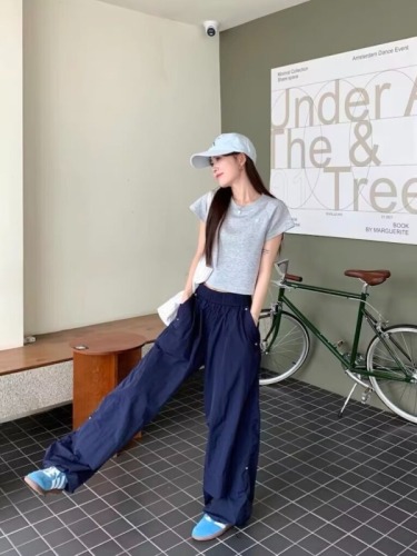 American style work casual pants for women, summer thin quick-drying pants, wide-leg sports pants, elastic waist jazz dance pants