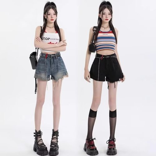 Denim shorts for women summer 2024 new style high-waisted A-line pear-shaped body slimming contrast color ripped wide-leg pants