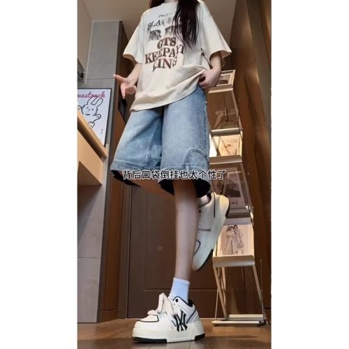 American style inverted denim shorts for women, summer trendy brand, loose, washed, handsome, casual mid-length pants