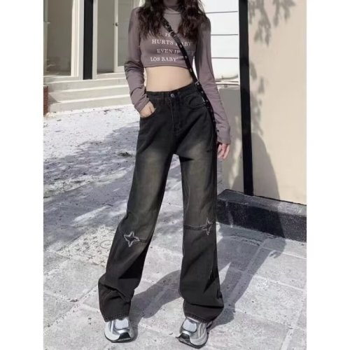 American retro high-waist jeans for women spring 2024 new embroidered loose and versatile slim straight wide-leg pants trendy