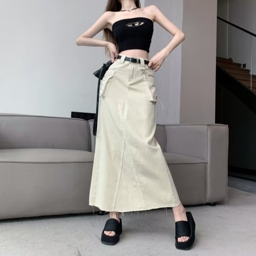 Retro American design high waist slit skirt women's summer niche slim fit versatile drawstring workwear mid-length skirt