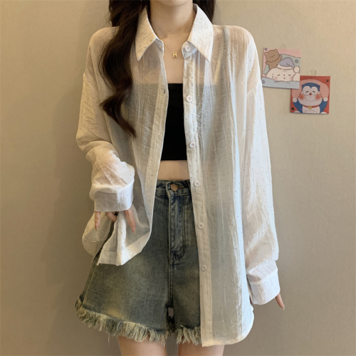 Real shot ~ New heavy industry hot diamond cardigan slimming colorful diamond sunscreen shirt women's top ➕ solid color suspender base