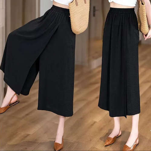 Summer thin, loose, high-waisted, slit, lazy-style casual skirt pants with thick hips and thighs, slimming eight-point wide-leg pants for women