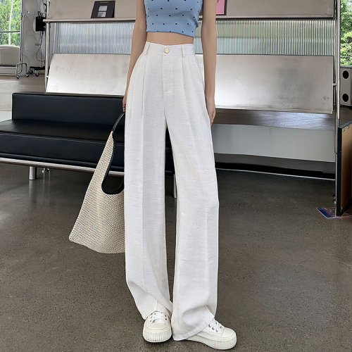 Actual shot of 2024 new summer thin linen pants, wide-legged cotton and linen suits, ice silk high-waisted straight casual pants for women