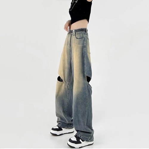 Ripped nostalgic color jeans for women 2024 summer new style high-waisted loose slimming straight-leg versatile floor-length wide-leg pants for women