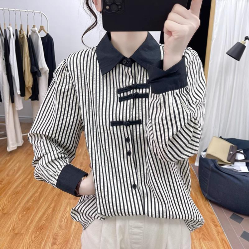 Striped splicing button-up shirt for women 2024 spring and summer new Chinese style long-sleeved contrasting color age-reducing design top