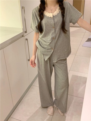 Real shot of Korean style simple striped summer short-sleeved long pants short-sleeved shorts loose casual home wear suit