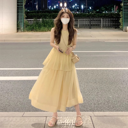 French New Style Beautiful Simple Sleeveless Dress Waist Slimming First Love Gentle Style Yellow Vest Skirt Women Summer