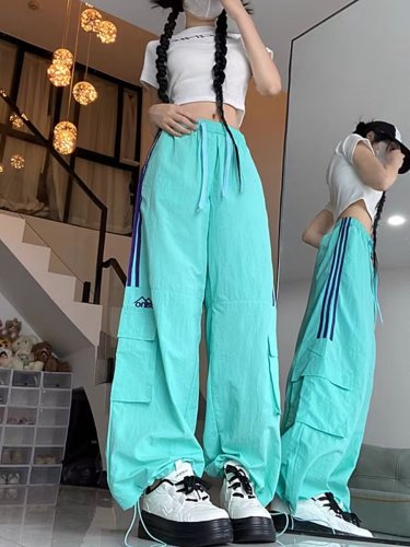 American retro three-stripe overalls for women, sweet and cool dopamine pants, high-waisted casual straight-leg wide-leg sports pants