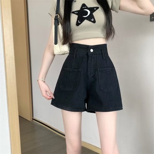 Summer new women's casual shorts black straight jeans simple versatile loose shorts