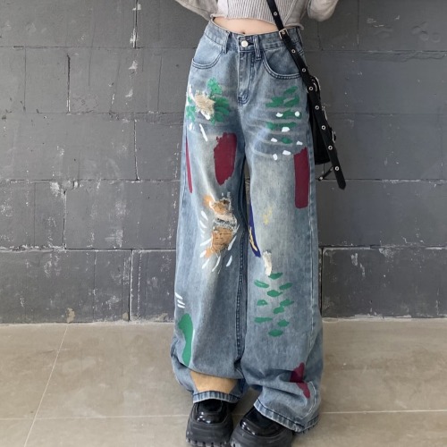 Colorful smudged graffiti spray-painted jeans for women high-waisted slimming straight wide-leg floor-length pants