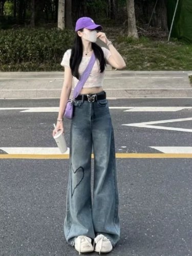 American retro jeans for women summer new love washed straight trousers loose slimming high waist wide leg pants trendy