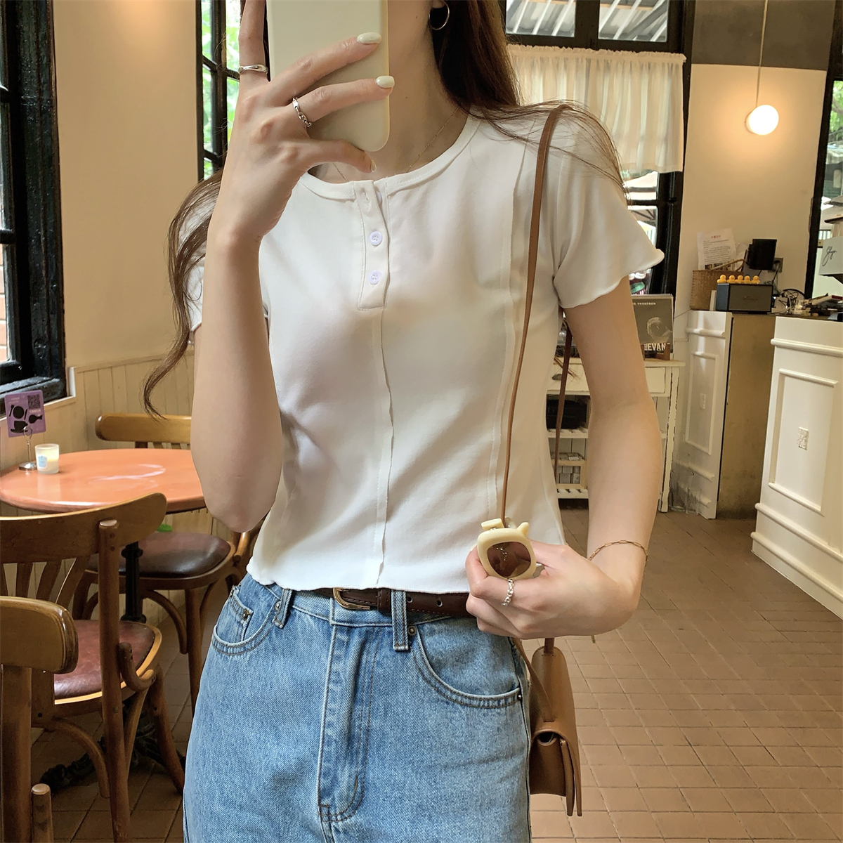 實拍 夏季韓版正肩修身紐扣魚骨顯瘦設計感純棉短袖上衣女