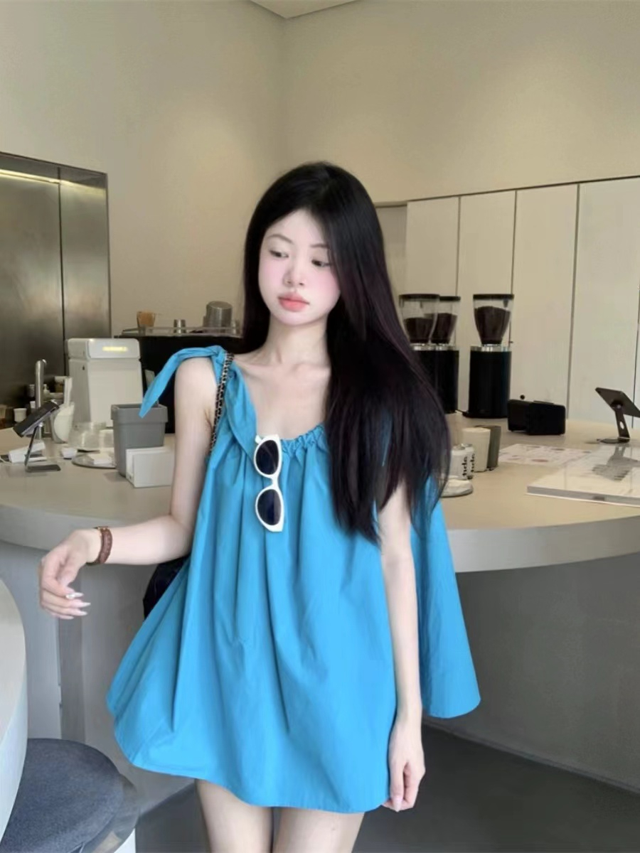 Official photo Korean style drawstring shirt for women with summer design niche loose halter top for women
