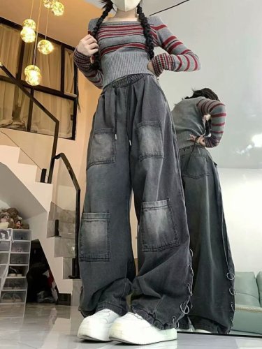 American retro high street floor-length wide-leg jeans for men and women 2024 loose and versatile straight-leg workwear wide-leg trousers