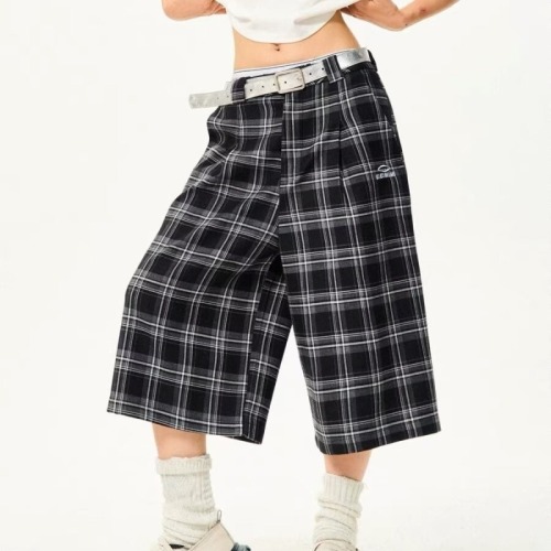 American street summer 2024 retro plaid casual trousers wide-leg men and women versatile trendy loose cropped trousers