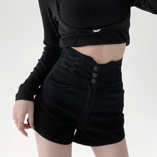 Summer 2024 new design high-waisted black MM large size denim shorts women's a-line shorts hot pants