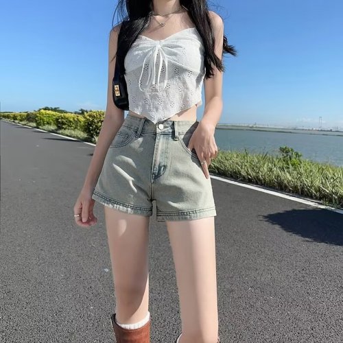 Denim shorts women's summer 2024 new high-waist elastic slimming niche hot girl a-line tight slimming hot pants